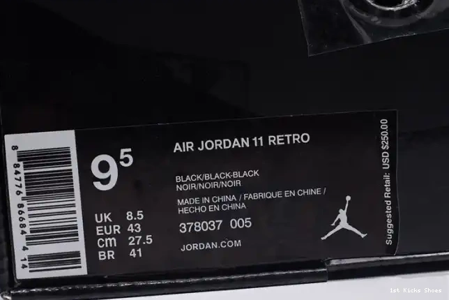 1st Kicks Jordan black 11 378037-005 Air Cap and Gown 0620